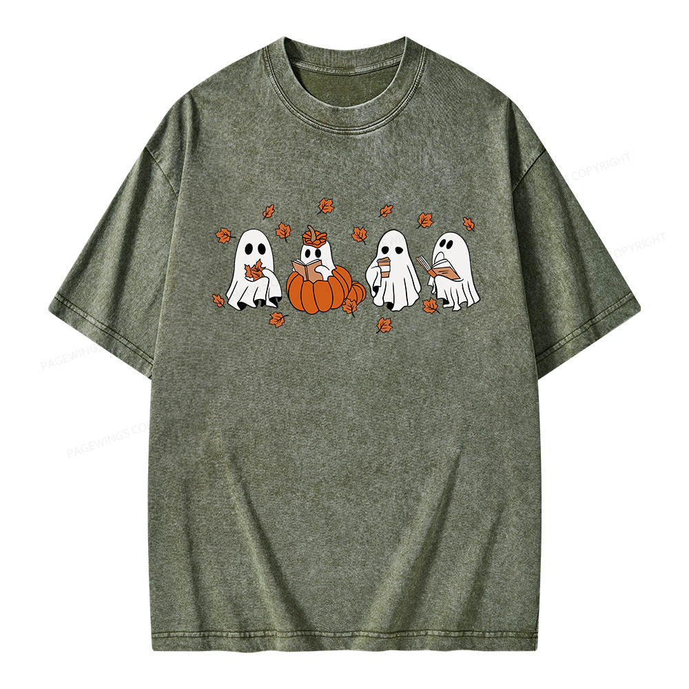 Pagewings Halloween Fall Ghost Reading Books Unisex Washed T-shirt
