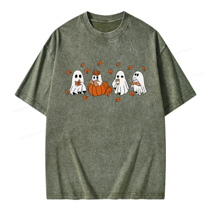 Pagewings Halloween Fall Ghost Reading Books Unisex Washed T-shirt