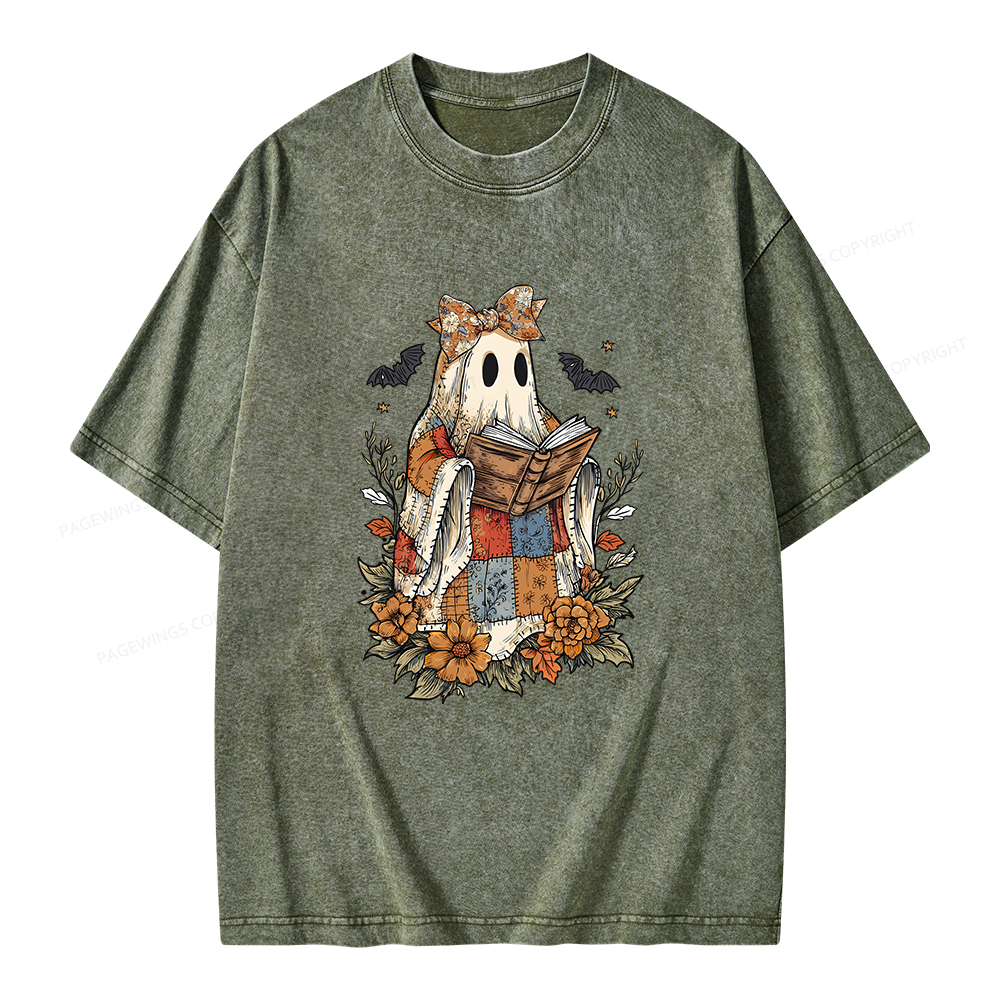 Pagewings Patchwork Ghost Reading Books Unisex Washed T-shirt