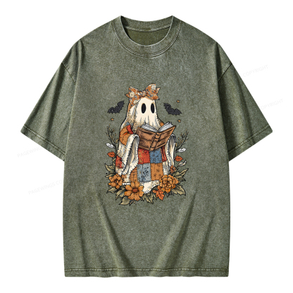 Pagewings Patchwork Ghost Reading Books Unisex Washed T-shirt