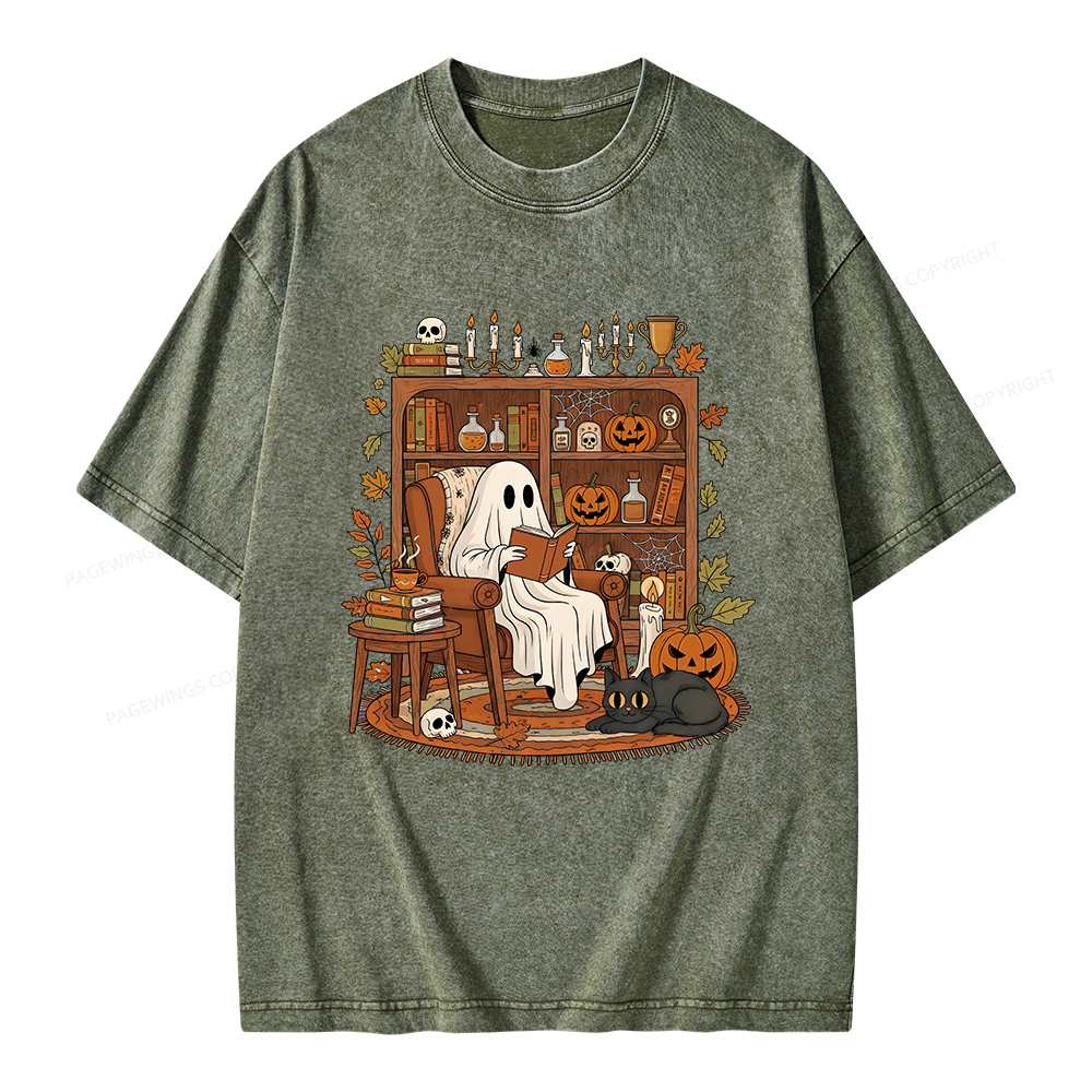 Pagewings Cozy Ghost Reading Halloween Unisex Washed T-shirt