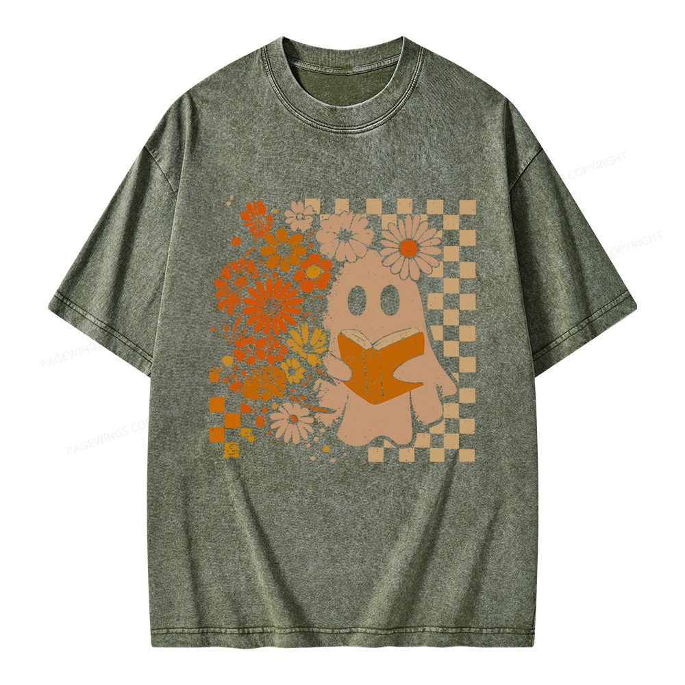 Pagewings Halloween Floral Ghost Unisex Washed T-shirt