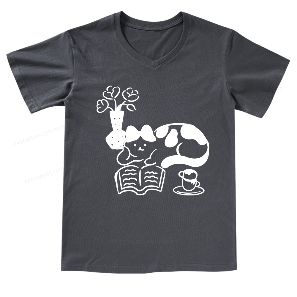 Pagewings The Cat Who Loves Reading V-neck T-shirt