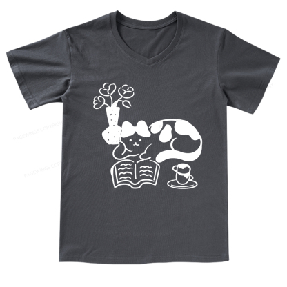 Pagewings The Cat Who Loves Reading V-neck T-shirt