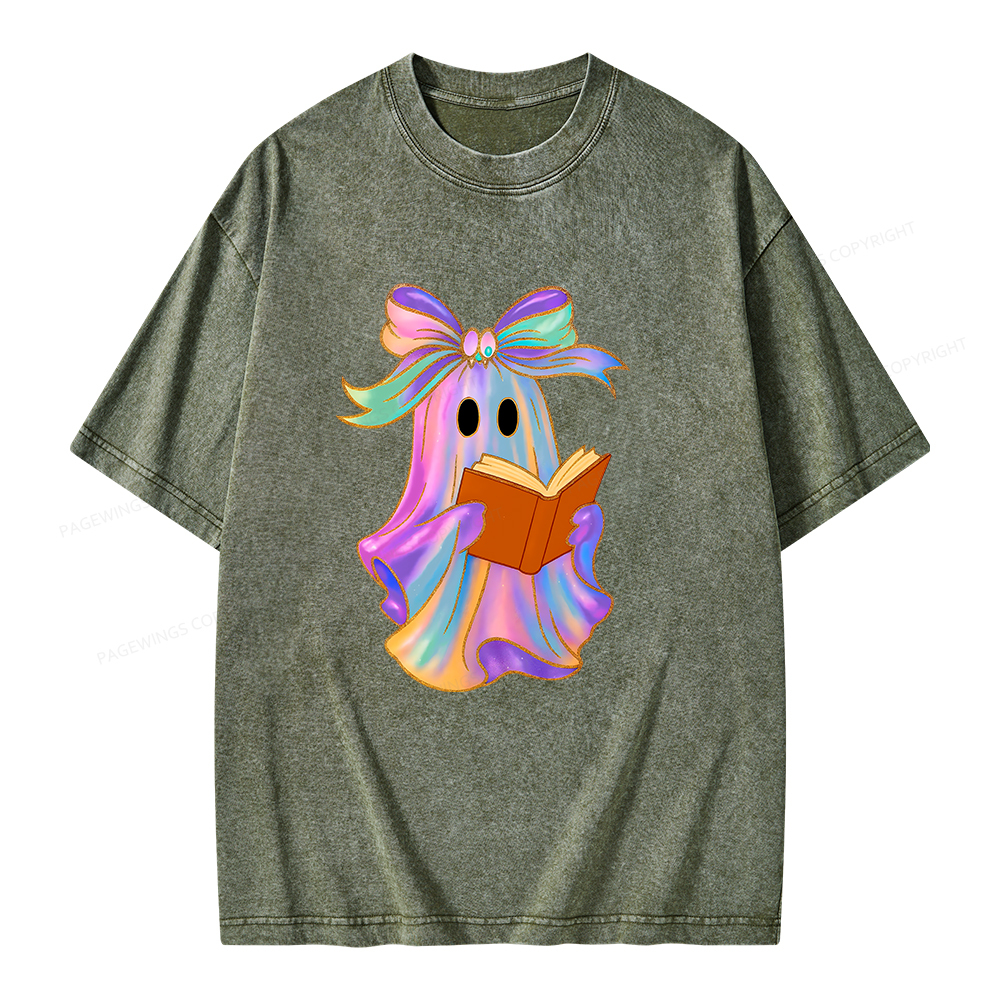 Pagewings Ghost Reading Halloween Unisex Washed T-shirt