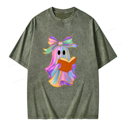 Pagewings Ghost Reading Halloween Unisex Washed T-shirt