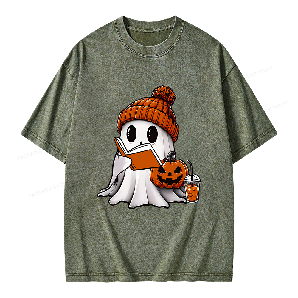 Pagewings Halloween Ghost Book Lover Unisex Washed T-shirt
