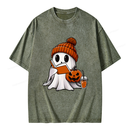Pagewings Halloween Ghost Book Lover Unisex Washed T-shirt