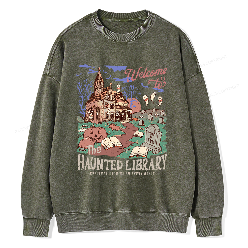 Pagewings Welcome To The Haunted Library Unisex Washed Sweatshirt