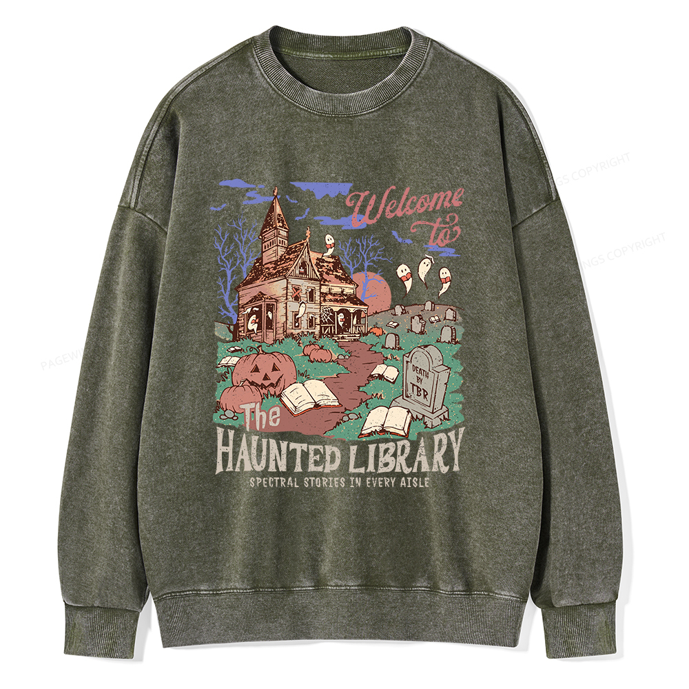 Pagewings Welcome To The Haunted Library Unisex Washed Sweatshirt