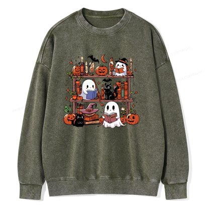 Pagewings Halloween Library Unisex Washed Sweatshirt