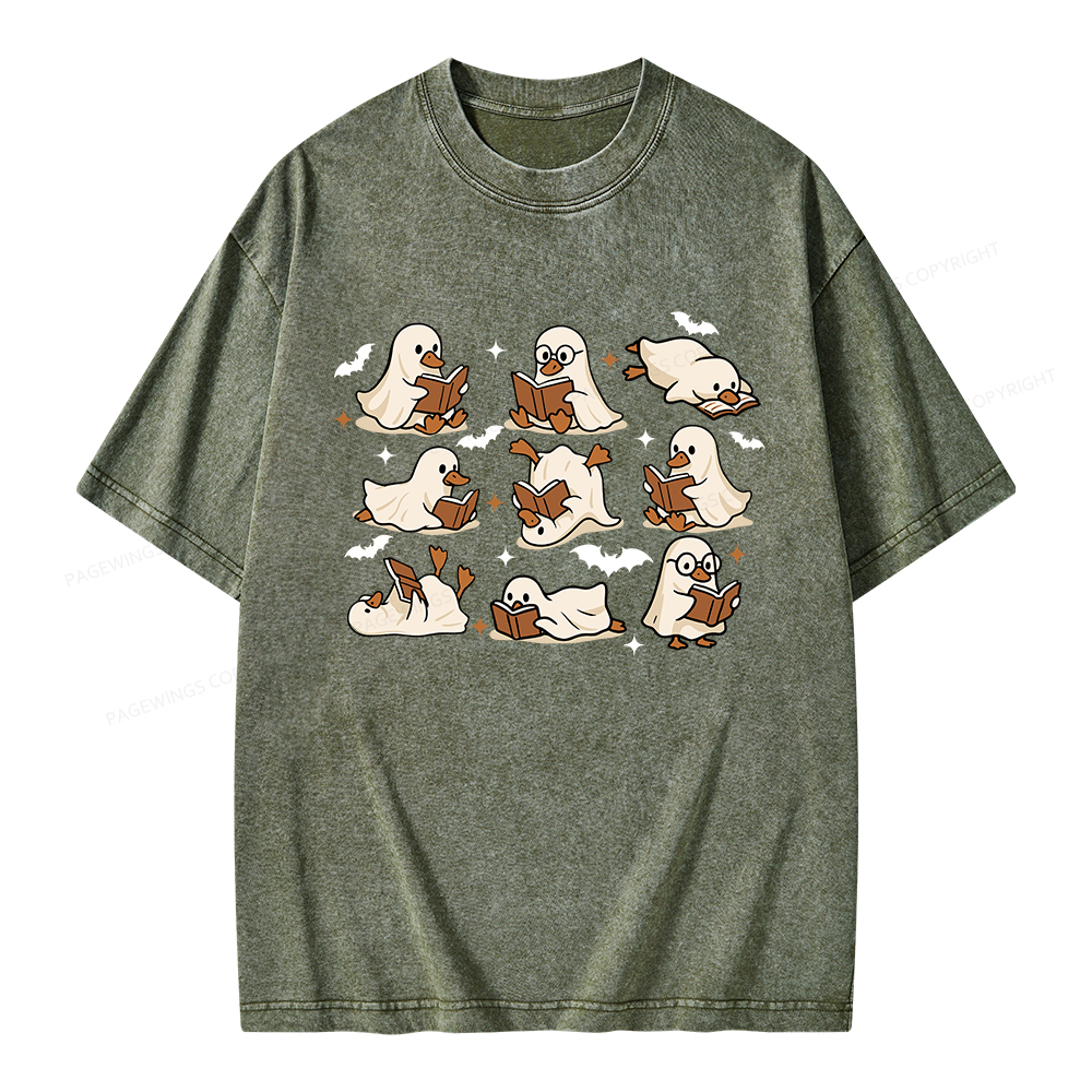 Pagewings Ghost Duck Reading Books Unisex Washed T-shirt