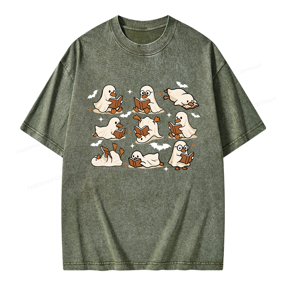 Pagewings Ghost Duck Reading Books Unisex Washed T-shirt