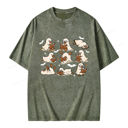 Pagewings Ghost Duck Reading Books Unisex Washed T-shirt