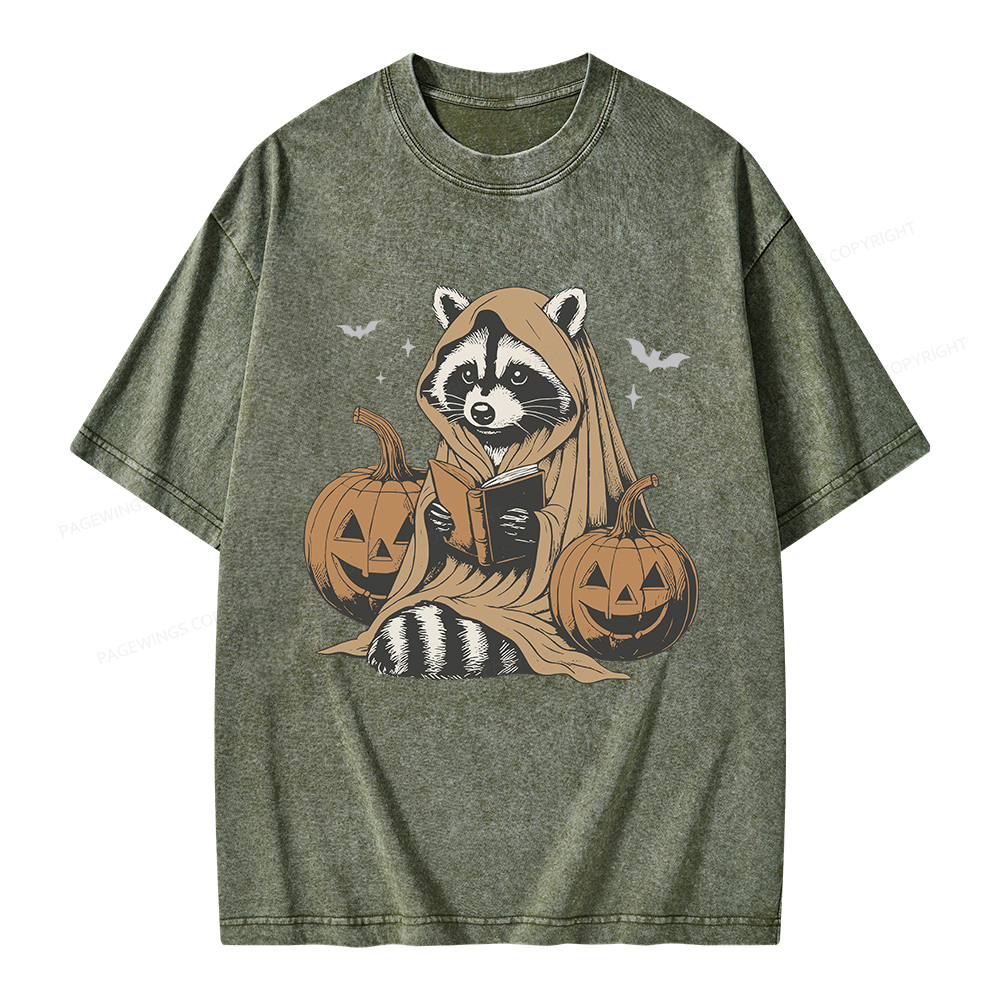 Pagewings Halloween Cute Raccoon Ghost Reading Unisex Washed T-shirt