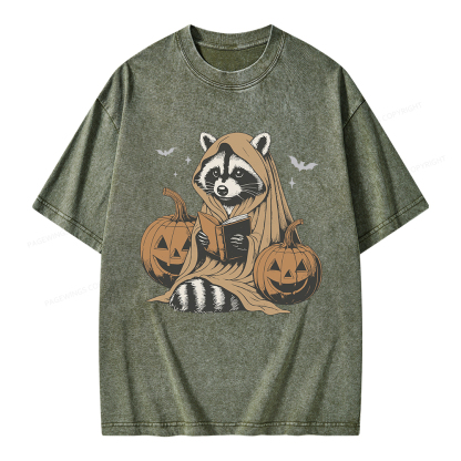 Pagewings Halloween Cute Raccoon Ghost Reading Unisex Washed T-shirt