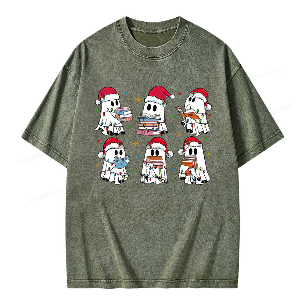 Pagewings Christmas Book Ghost Unisex Washed T-shirt