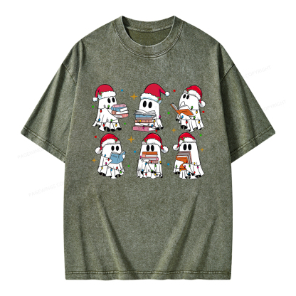 Pagewings Christmas Book Ghost Unisex Washed T-shirt