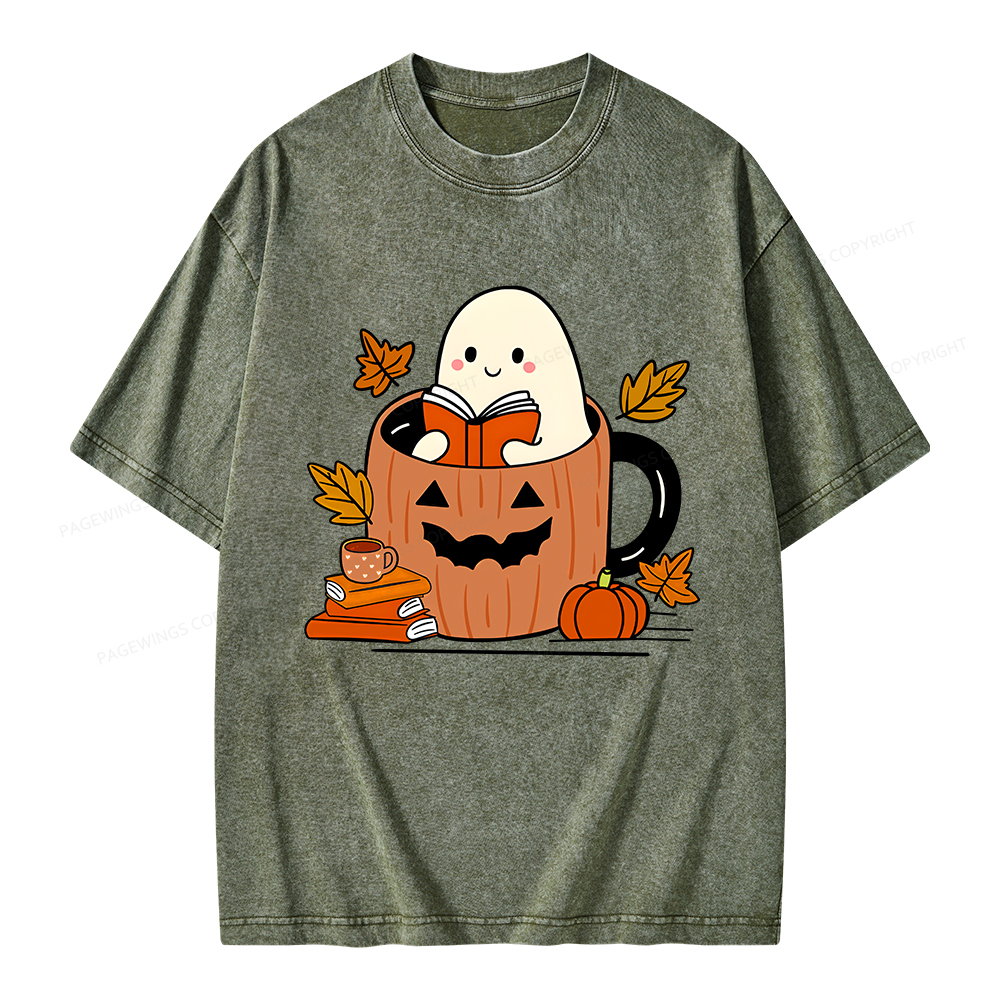 Pagewings Ghost Reading Books Unisex Washed T-shirt