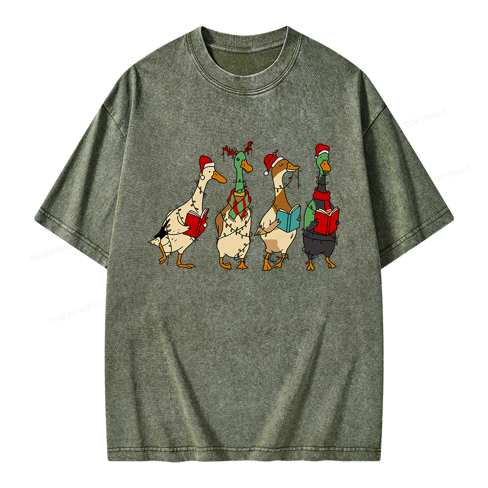 Pagewings Christmas Ducks Reading Unisex Washed T-shirt