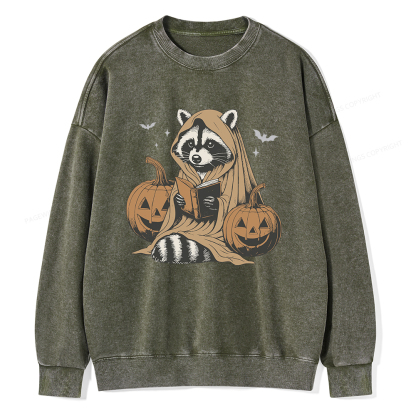 Pagewings Halloween Cute Raccoon Ghost Reading Unisex Washed Sweatshirt