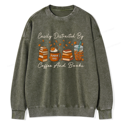 Pagewings Easily Distracted By Coffee And Books Unisex Washed Sweatshirt