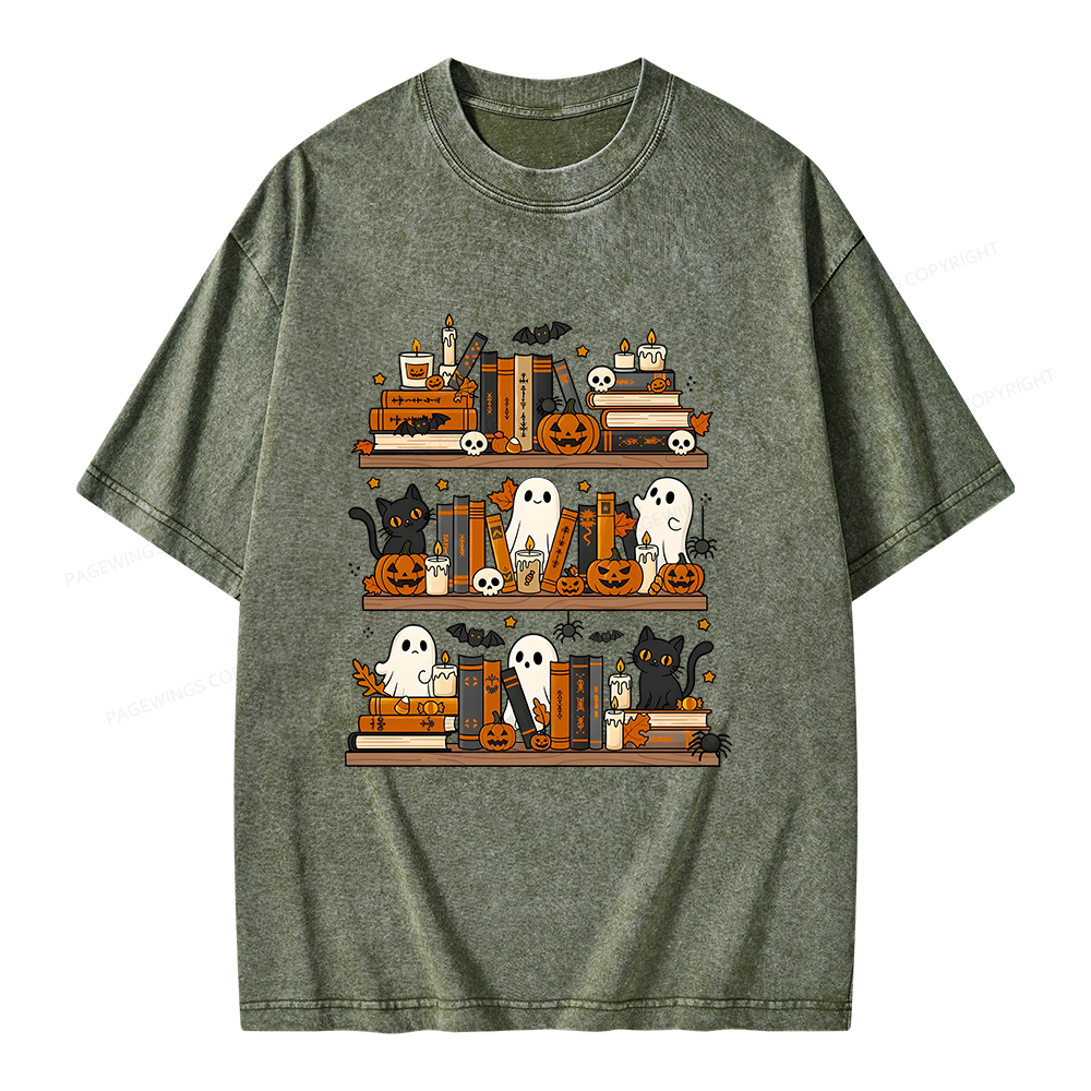 Pagewings Spooky Bookshelf Unisex Washed T-shirt