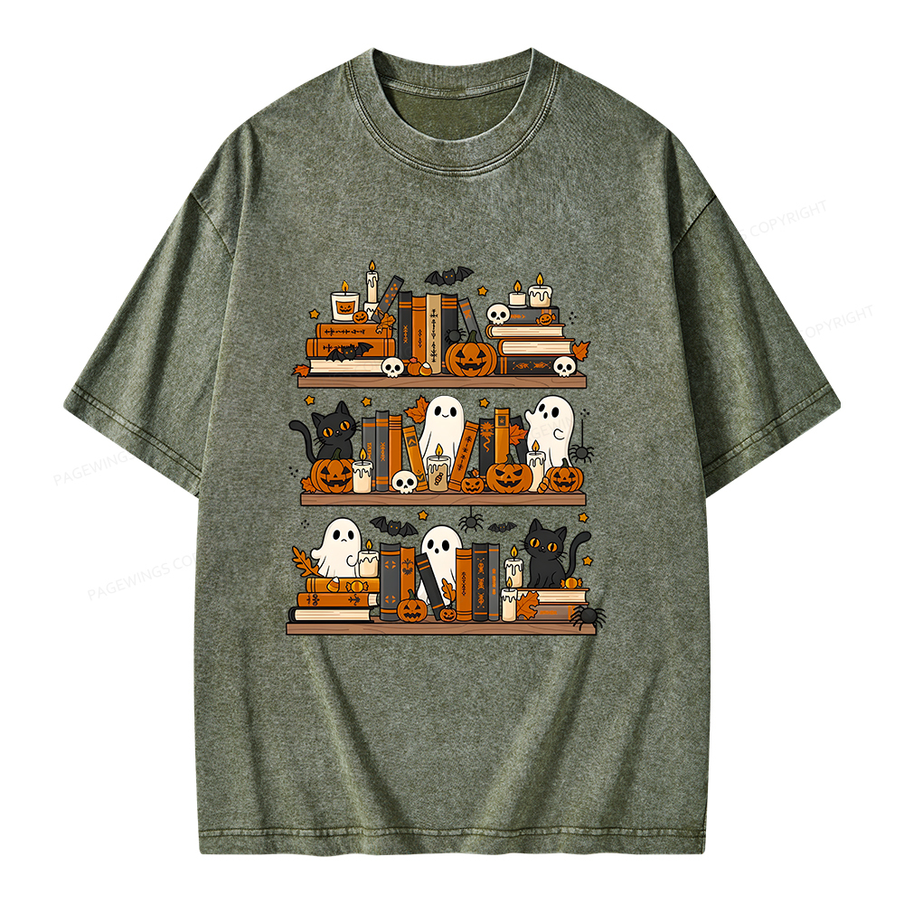 Pagewings Spooky Bookshelf Unisex Washed T-shirt