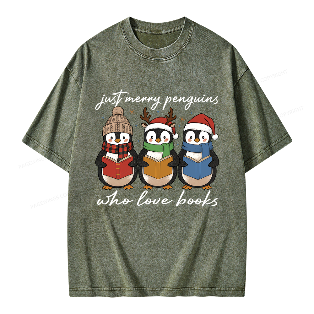 Pagewings Just Merry Penguins Who Love Books Unisex Washed T-shirt
