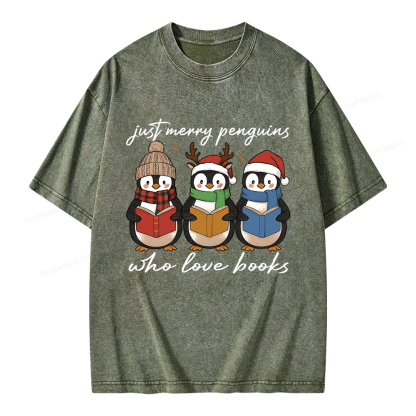 Pagewings Just Merry Penguins Who Love Books Unisex Washed T-shirt