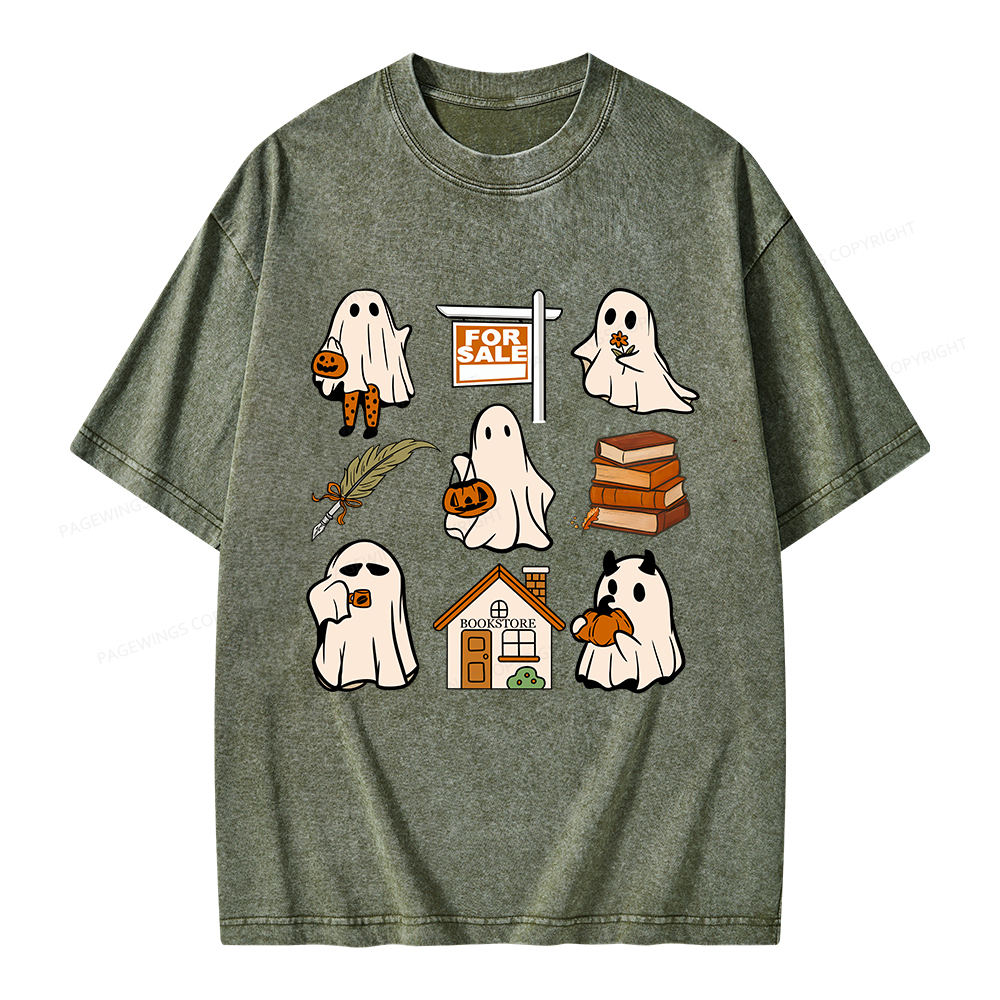 Pagewings Halloween Ghosts Going To Buy Books Unisex Washed T-shirt