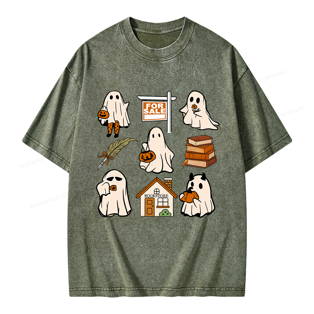 Pagewings Halloween Ghosts Going To Buy Books Unisex Washed T-shirt