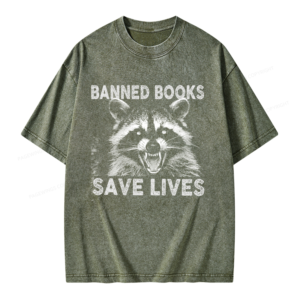 Pagewings Banned Books Save Lives Unisex Washed T-shirt