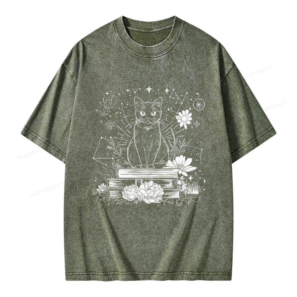 Pagewings Black Cat Book Lover Unisex Washed T-shirt