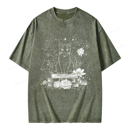 Pagewings Black Cat Book Lover Unisex Washed T-shirt