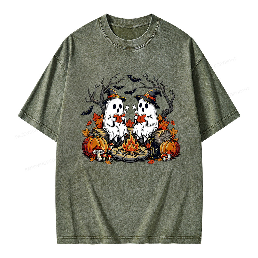 Pagewings Bookish Ghost Halloween Fall Camping Unisex Washed T-shirt