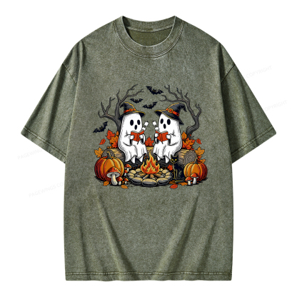 Pagewings Bookish Ghost Halloween Fall Camping  Unisex Washed T-shirt