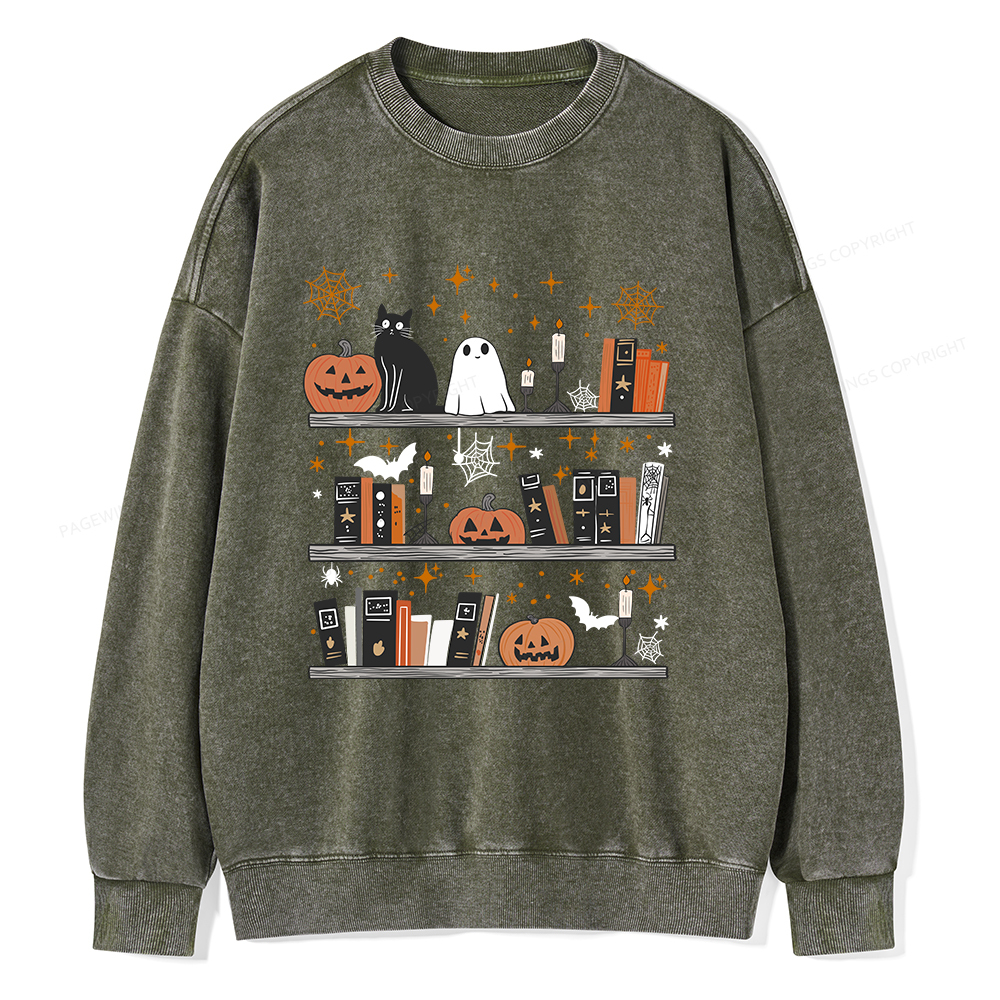 Pagewings Halloween Book Shelf Summerween Unisex Washed Sweatshirt