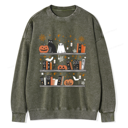 Pagewings Halloween Book Shelf Summerween Unisex Washed Sweatshirt