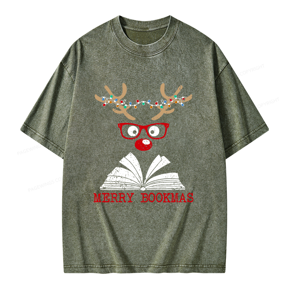 Pagewings Christmas Reindeer Reading Unisex Washed T-shirt