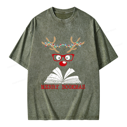 Pagewings Christmas Reindeer Reading Unisex Washed T-shirt