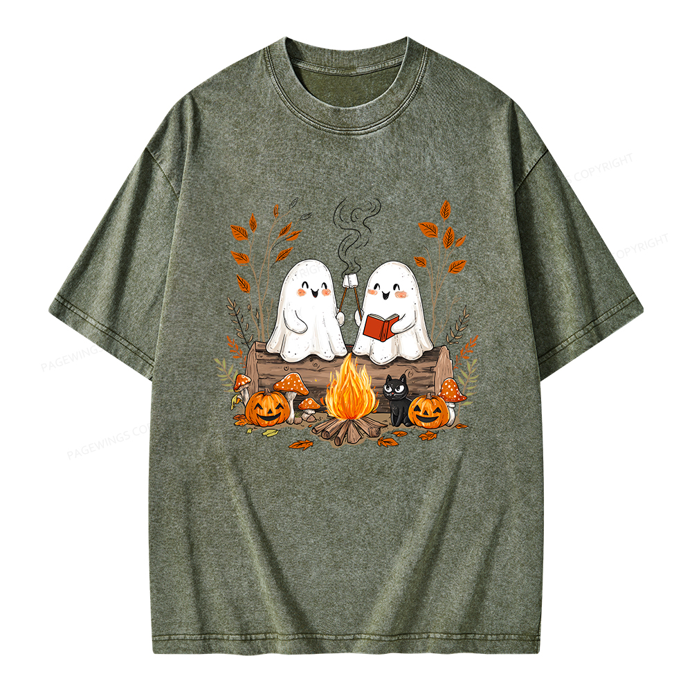 Pagewings Cute Ghost Halloween Unisex Washed T-shirt