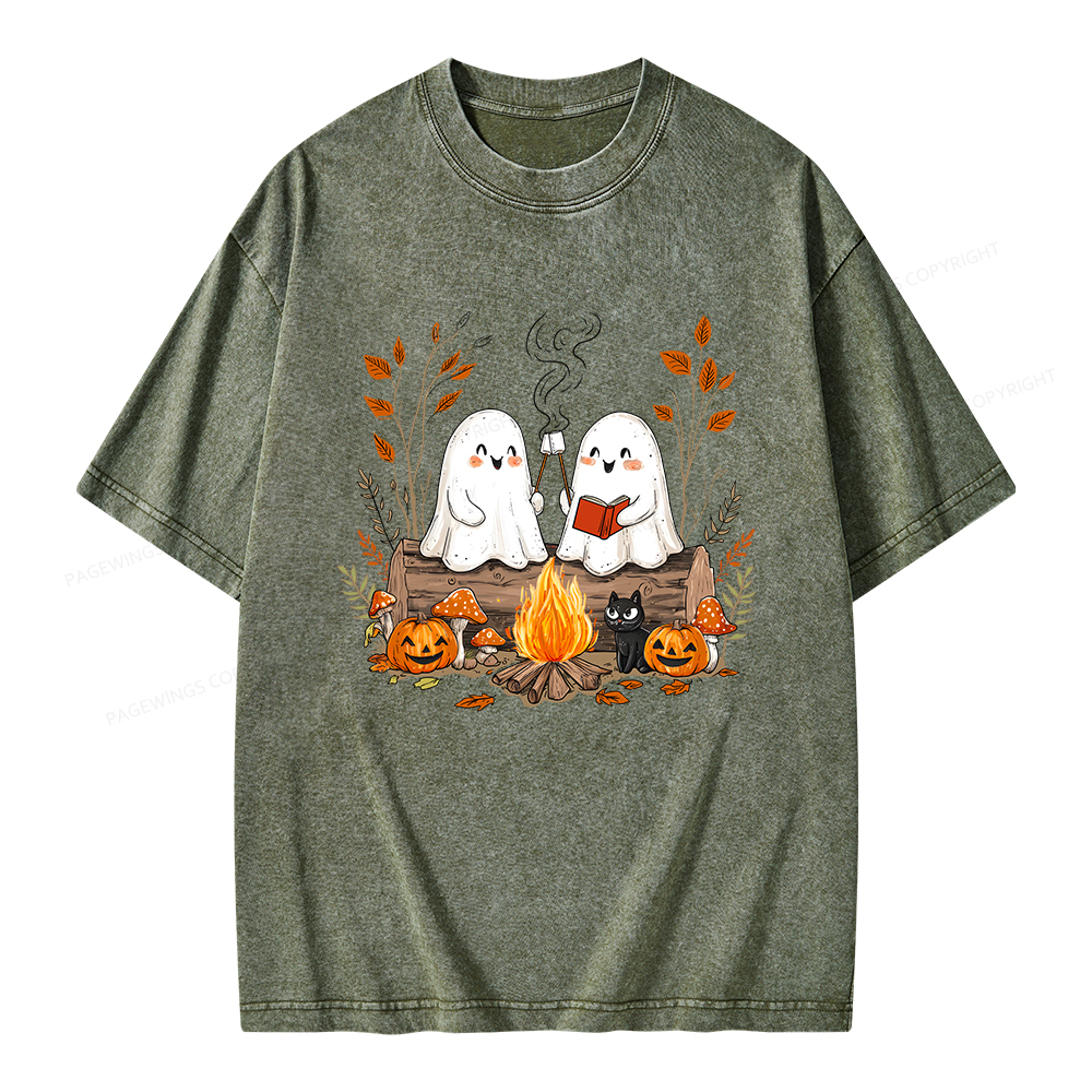 Pagewings Cute Ghost Halloween Unisex Washed T-shirt