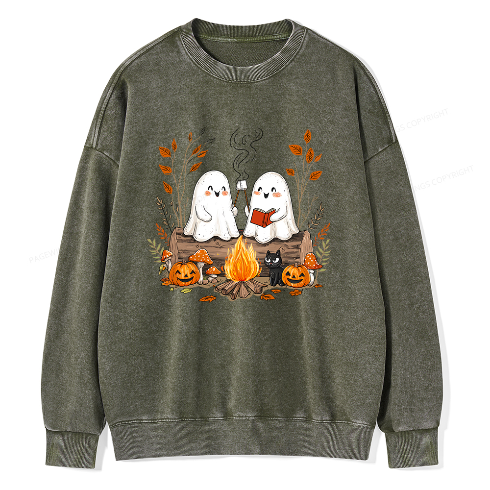 Pagewings Cute Ghost Halloween Unisex Washed Sweatshirt