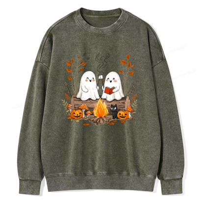 Pagewings Cute Ghost Halloween Unisex Washed Sweatshirt