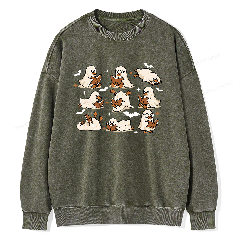Pagewings Ghost Duck Reading Books Unisex Washed Sweatshirt