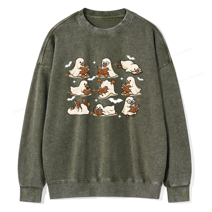 Pagewings Ghost Duck Reading Books Unisex Washed Sweatshirt