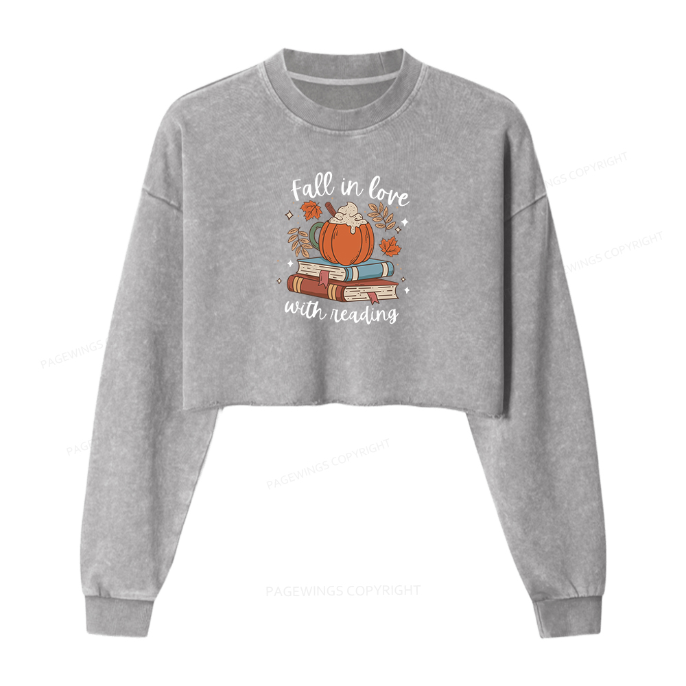 Pagewings Thanksgiving Fall in Love with Reading Women Washed Crop Sweatshirt