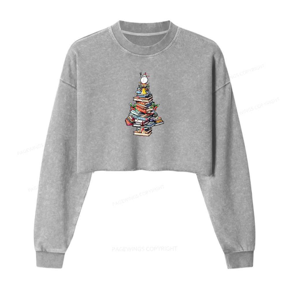 Pagewings Book Christmas Women Washed Crop Sweatshirt