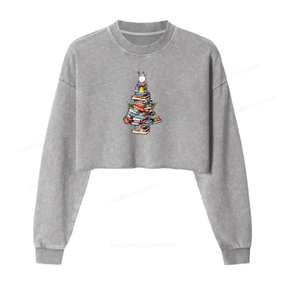 Pagewings Book Christmas Women Washed Crop Sweatshirt